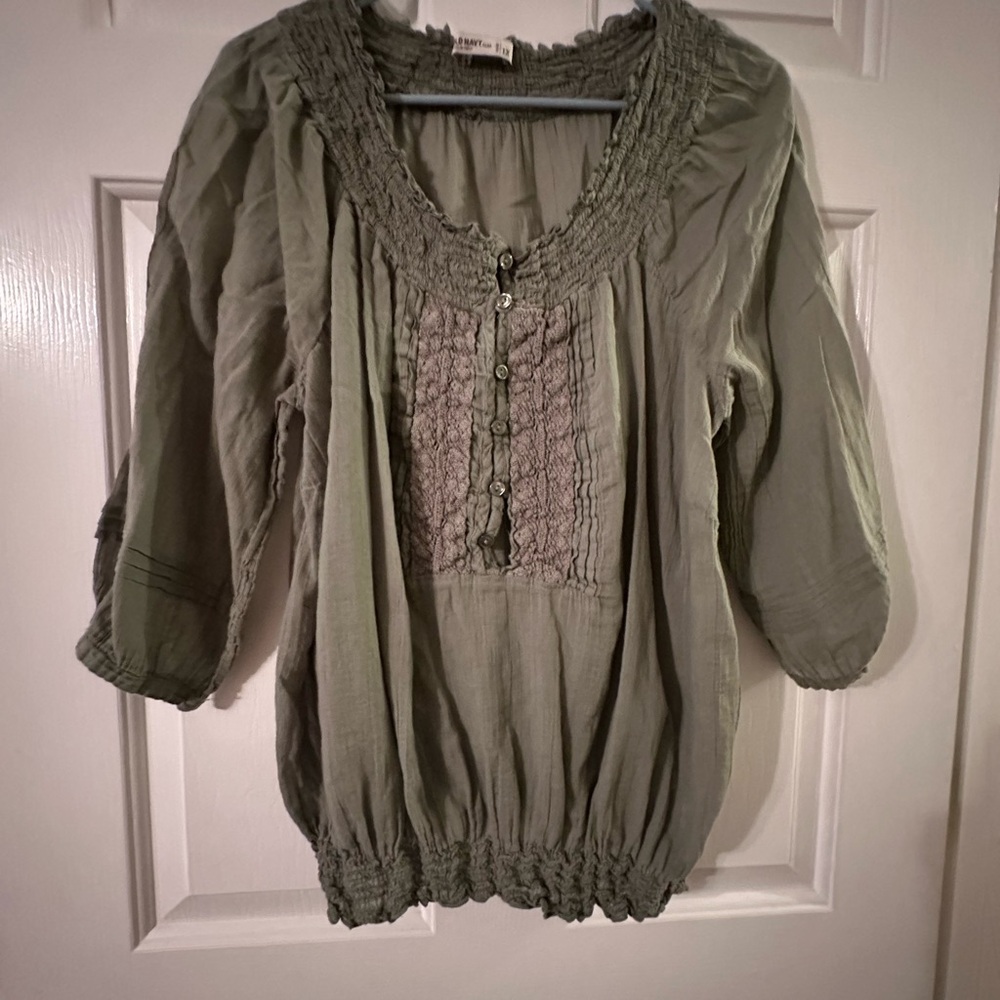 Old Navy Green Puff Sleeve Blouse with Smocked Details